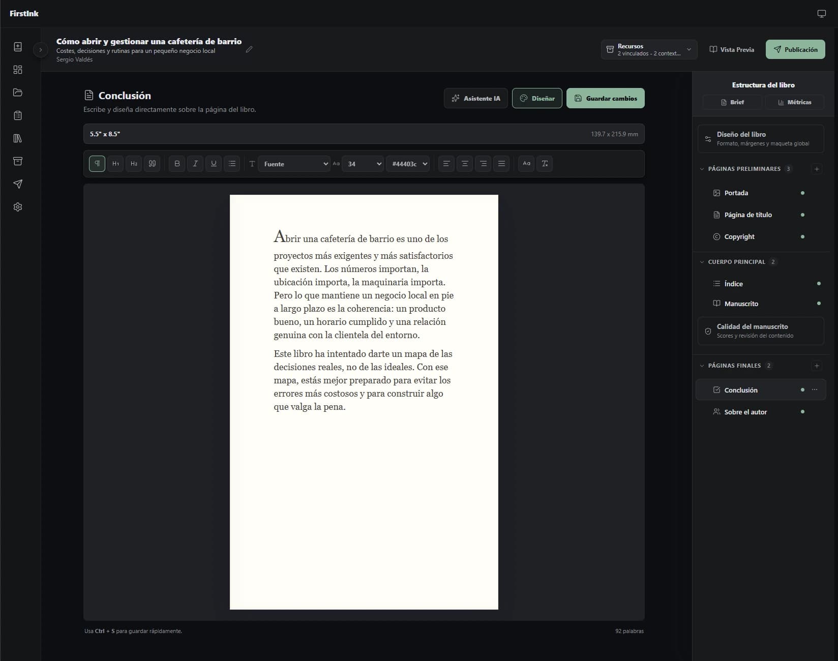 Editor con previsualización del formato final en tiempo real y panel de estructura del libro